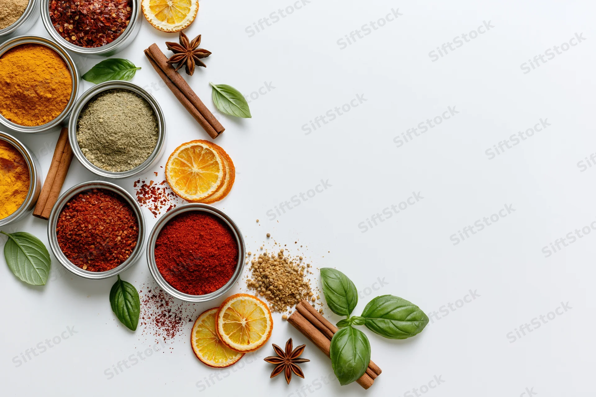Assorted ground spices and herbs in metal bowls arranged along the left side of a white surface with copyspace on the right
