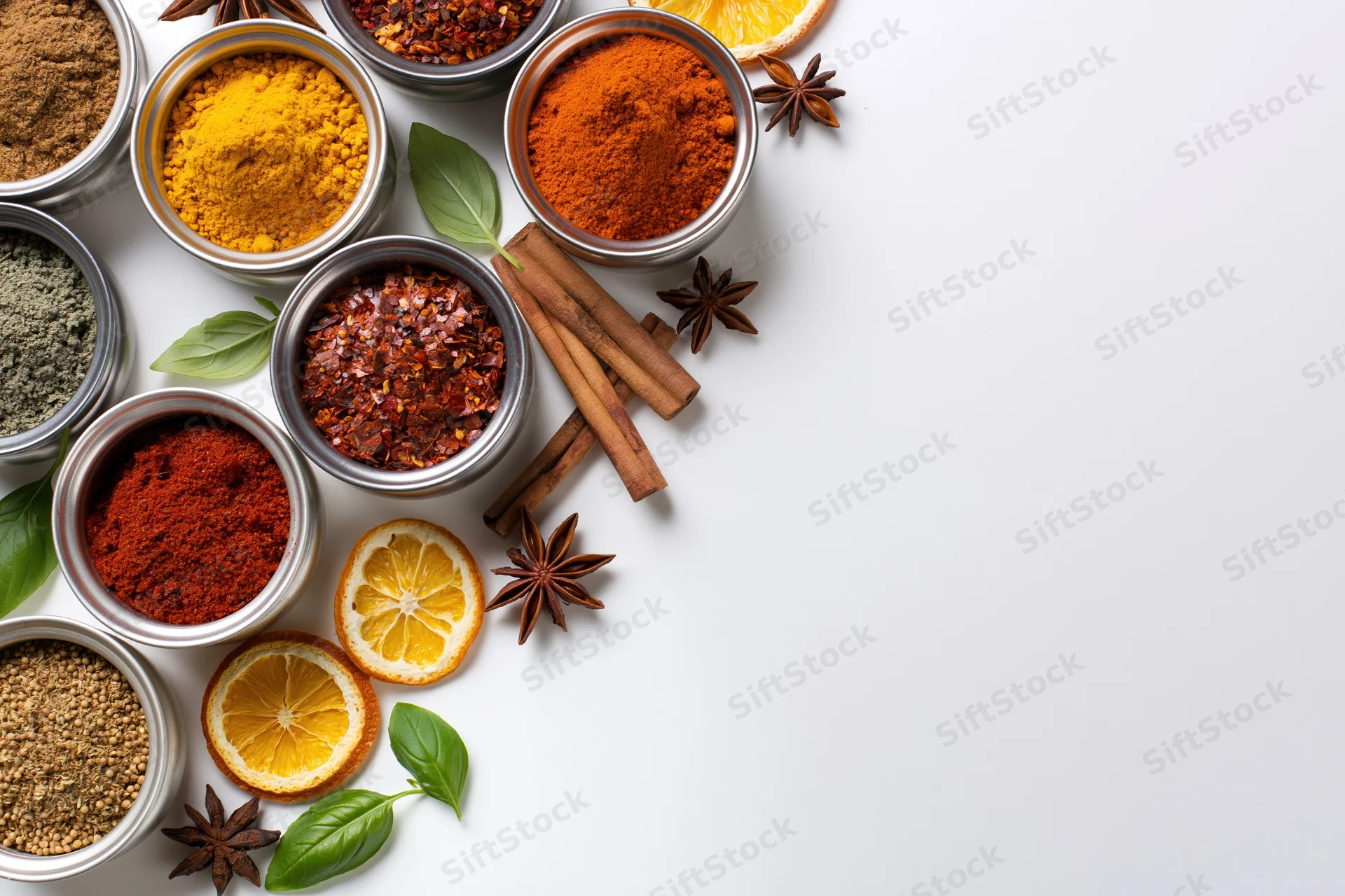 Assorted ground spices in metal bowls with dried citrus and herbs arranged on white surface