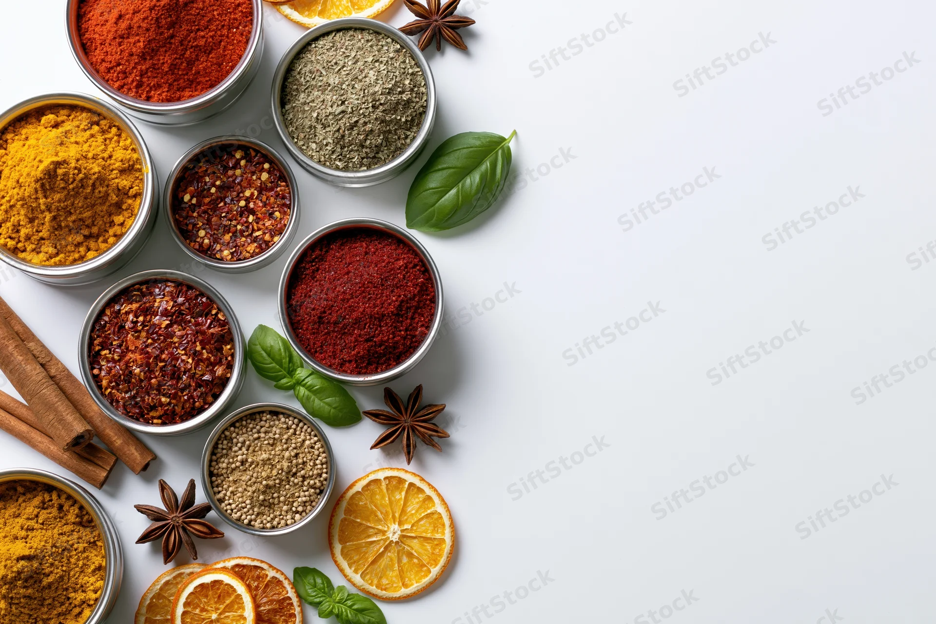 Assorted ground spices and herbs in metal bowls arranged on white surface with copyspace