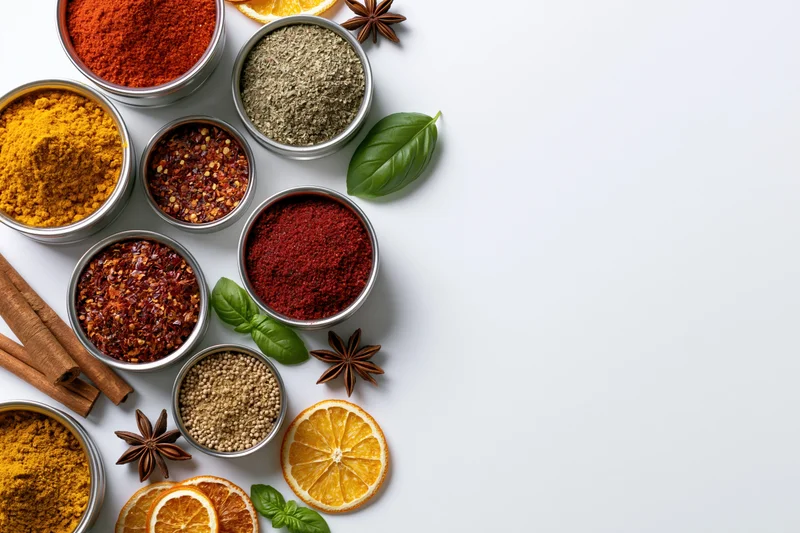 Assorted ground spices and herbs in metal bowls arranged on white surface with copyspace