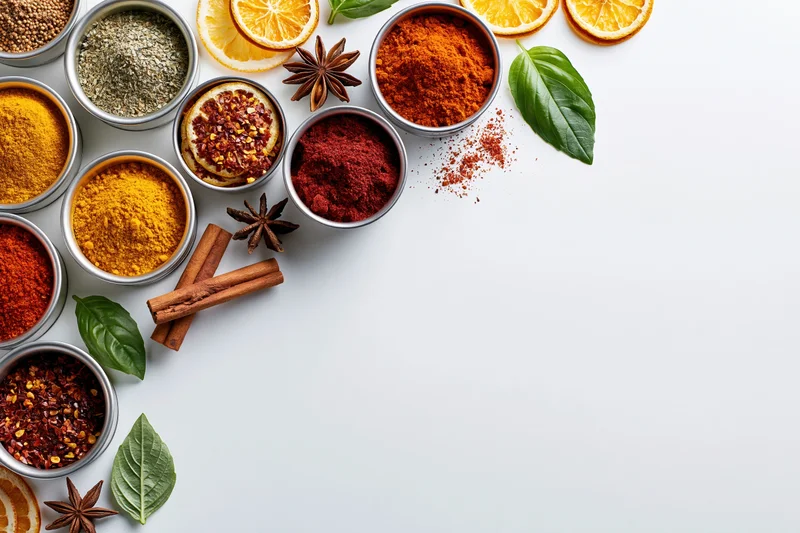 Assorted ground spices and herbs in metal bowls arranged along the left side of a white surface with copyspace on the right