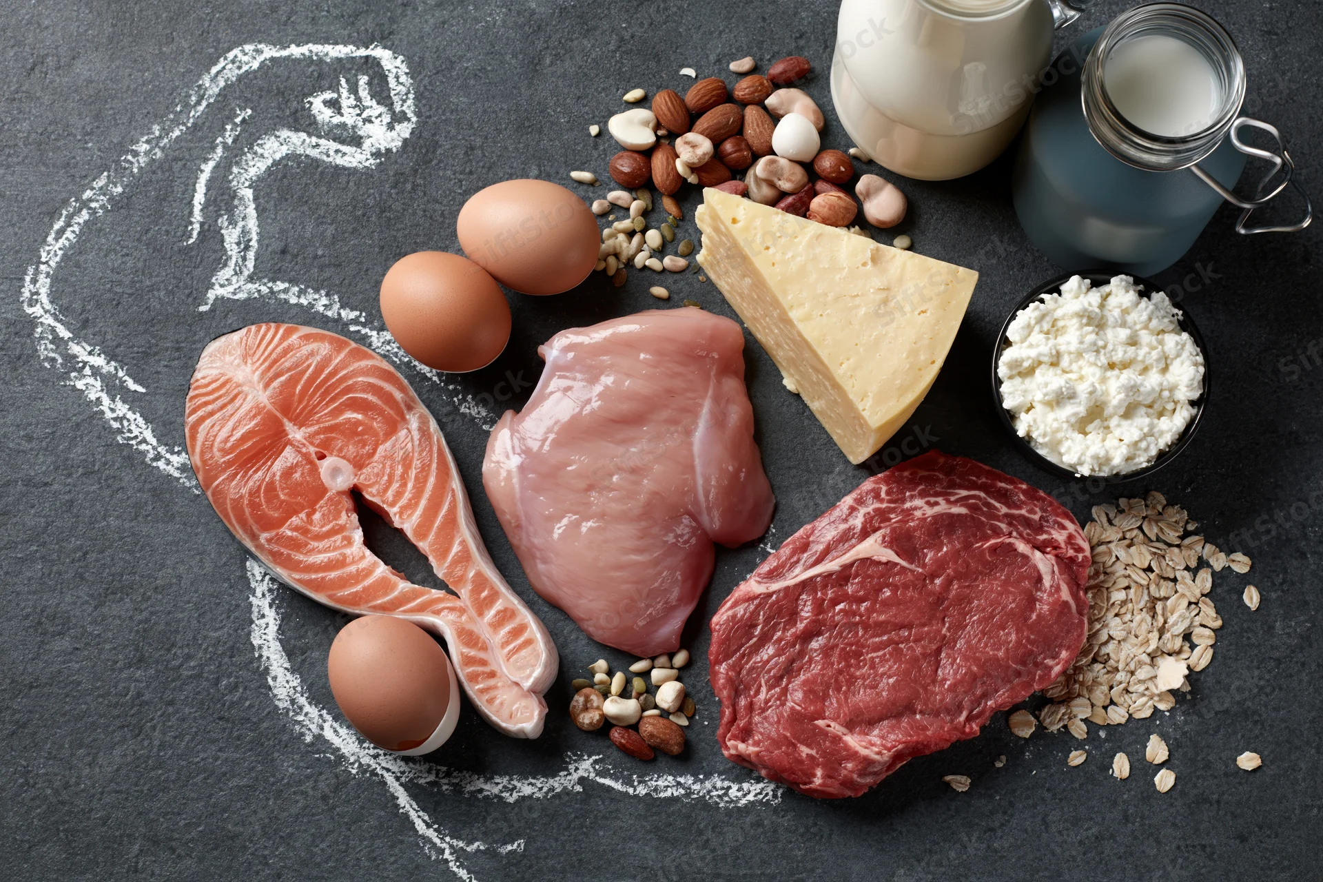 High-protein foods arranged in a flat lay on dark chalkboard surface with chalk outline of a muscular arm