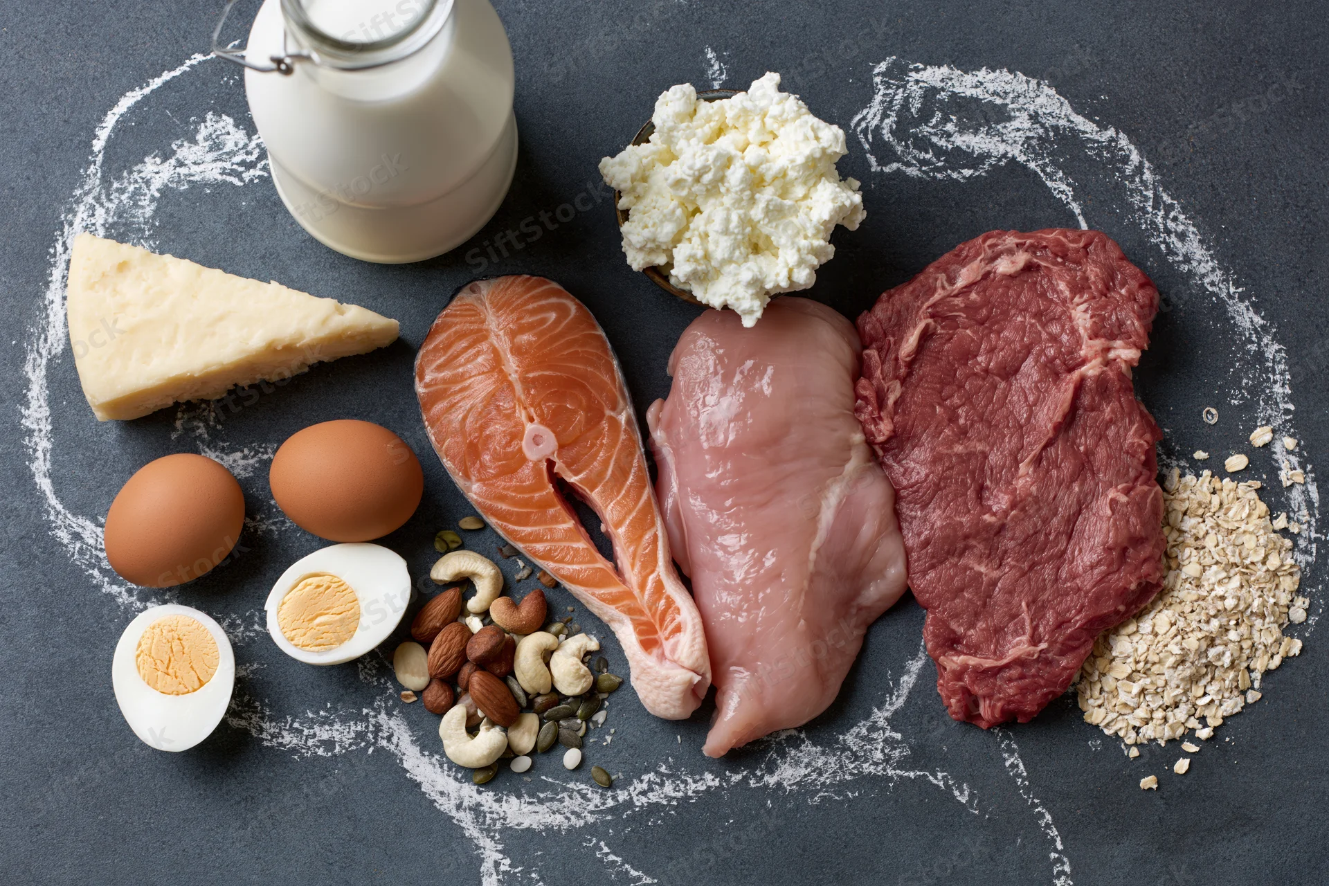 High-protein foods arranged in a circle on dark chalkboard surface