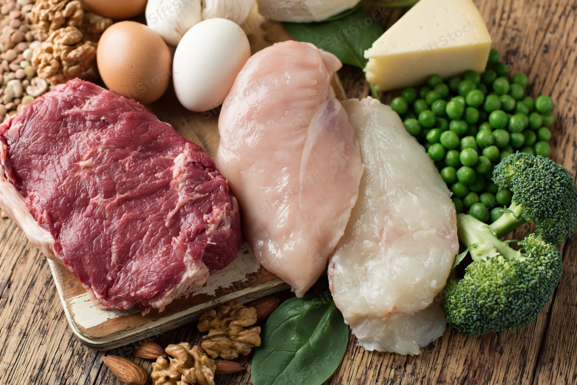 Assorted high-protein foods including meat, chicken, fish, eggs, cheese, broccoli, peas, and nuts arranged on a rustic wooden table