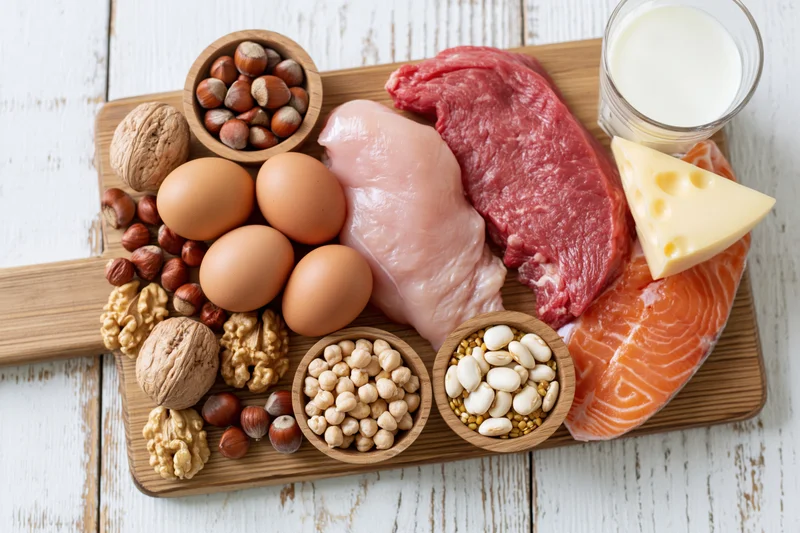 High-protein foods arranged on a wooden cutting board with eggs, meat, dairy, nuts and beans