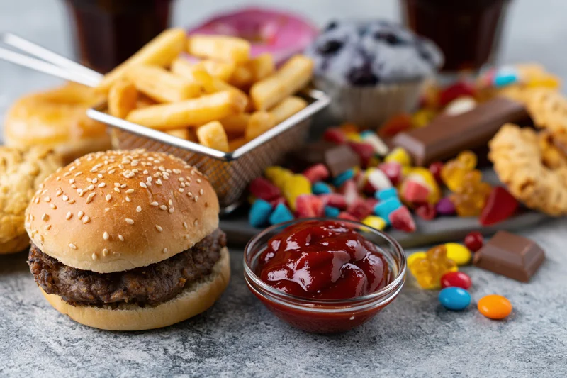 Burger with fries and ketchup on a grey concrete surface surrounded by assorted junk food