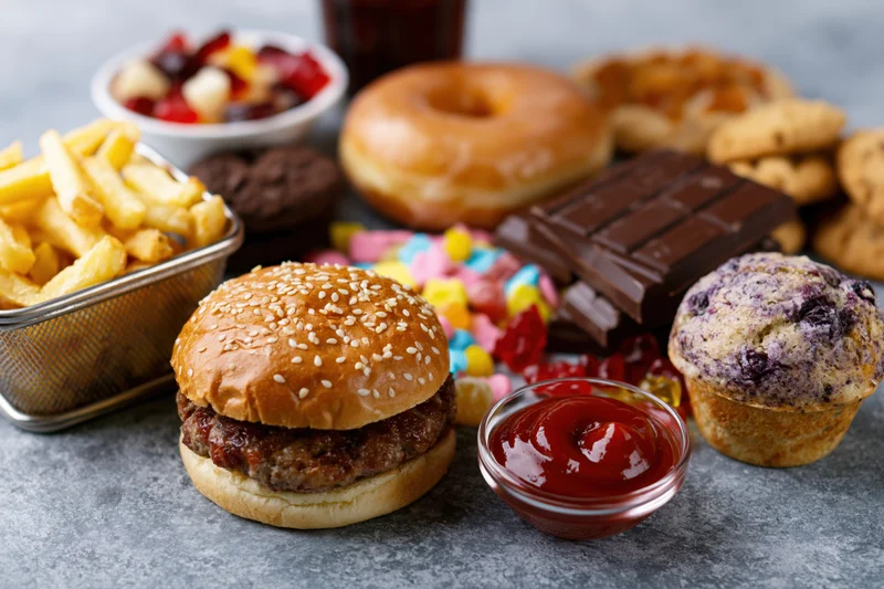 Assorted junk food items arranged on a grey concrete surface