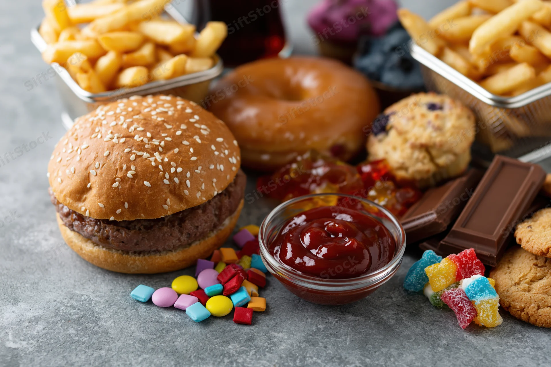 Assorted junk food including burger, fries, donut, candy and chocolate arranged on grey concrete surface