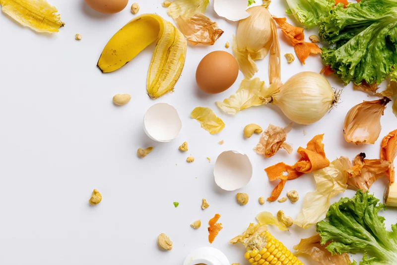 Assorted kitchen food scraps scattered on a white surface