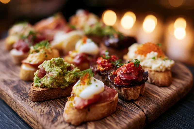 Assorted open-faced mini toasts and crostini arranged on a wooden board with warm candlelight in the background