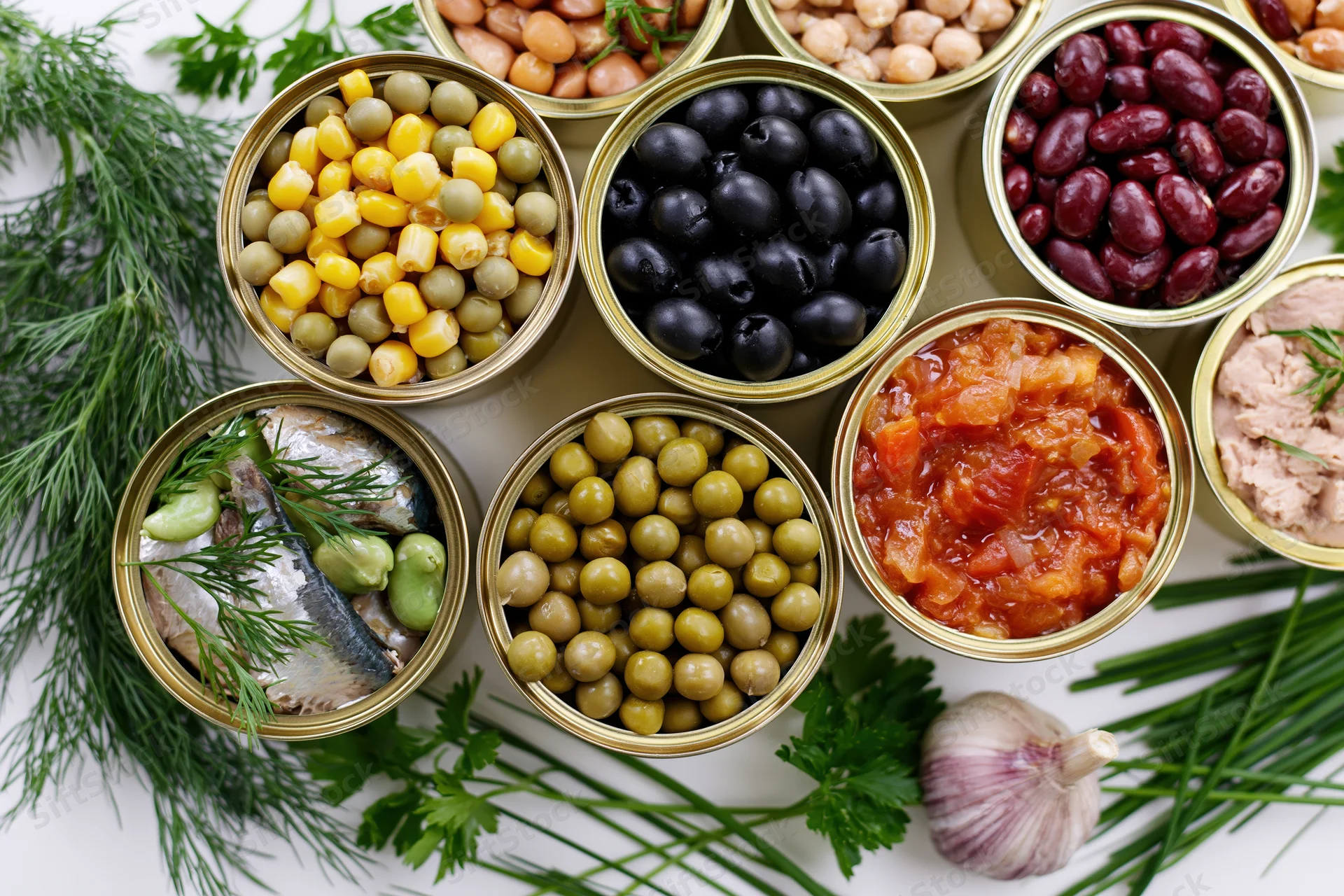 Open tin cans filled with assorted canned foods arranged with fresh herbs on white surface