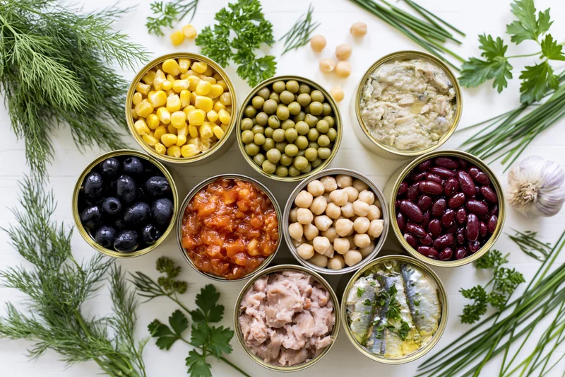 Open tin cans filled with assorted canned foods arranged on white surface with fresh herbs