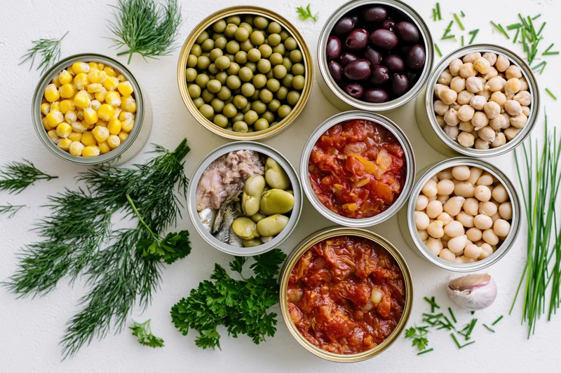 Open tin cans filled with assorted canned foods arranged with fresh herbs on white surface