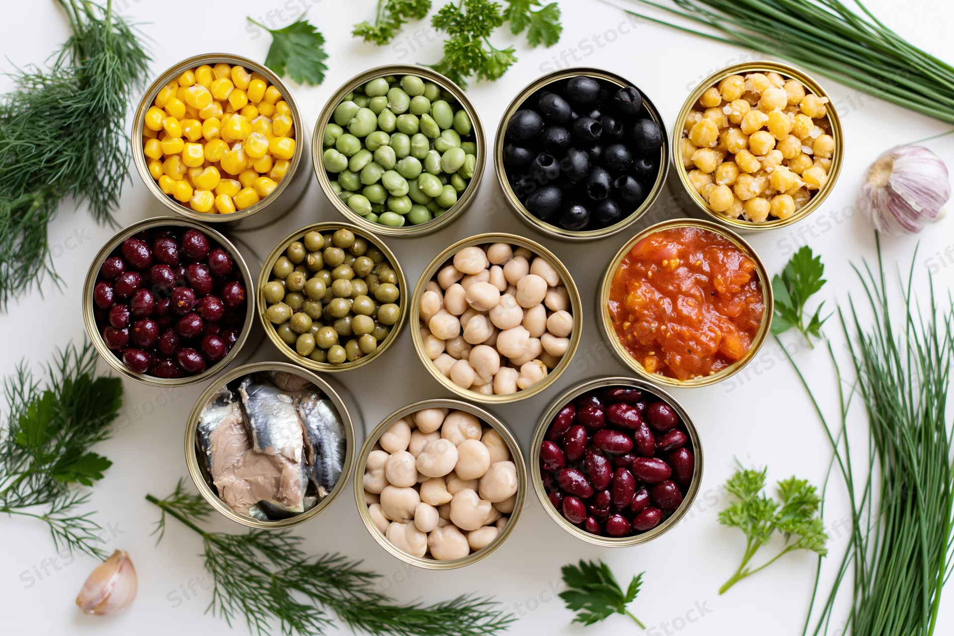 Open tin cans filled with assorted canned foods arranged on white surface with fresh herbs and garlic