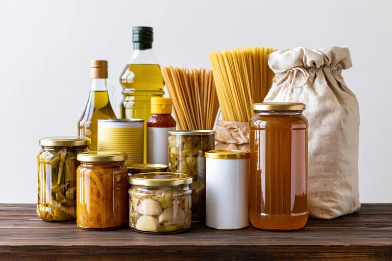 Assorted pantry staples arranged on a dark wooden surface including jars of honey, pickles, garlic, olive oil, pasta, and a burlap bag