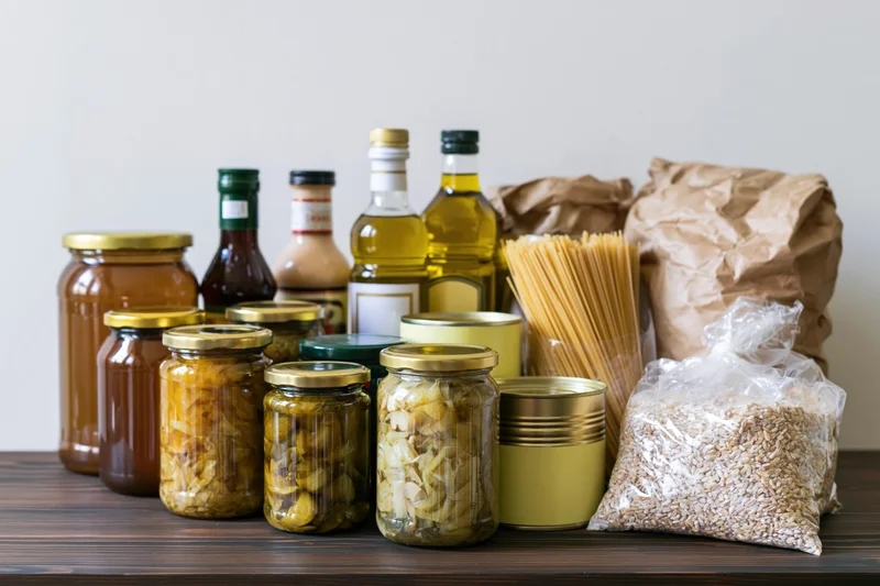 Assorted pantry staples arranged on a dark wooden surface