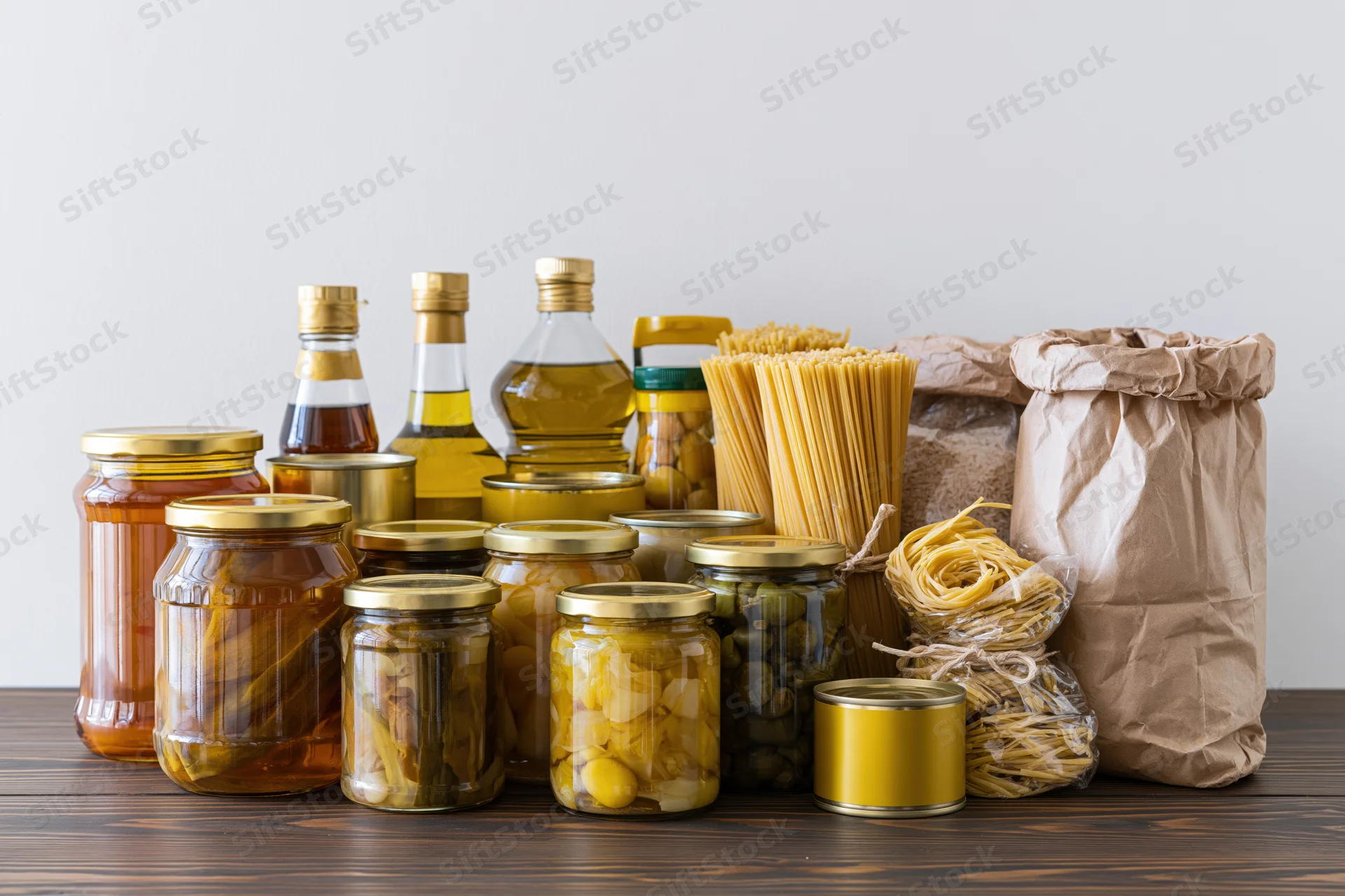 Assorted pantry staples arranged on dark wooden surface including jars of pickles, honey, oil, pasta, and paper bags