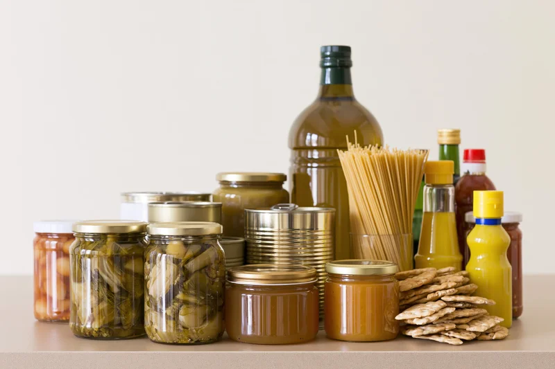 Assorted pantry staples arranged on a kitchen counter including jars of pickles, cans, bottles of sauce, pasta, and crackers