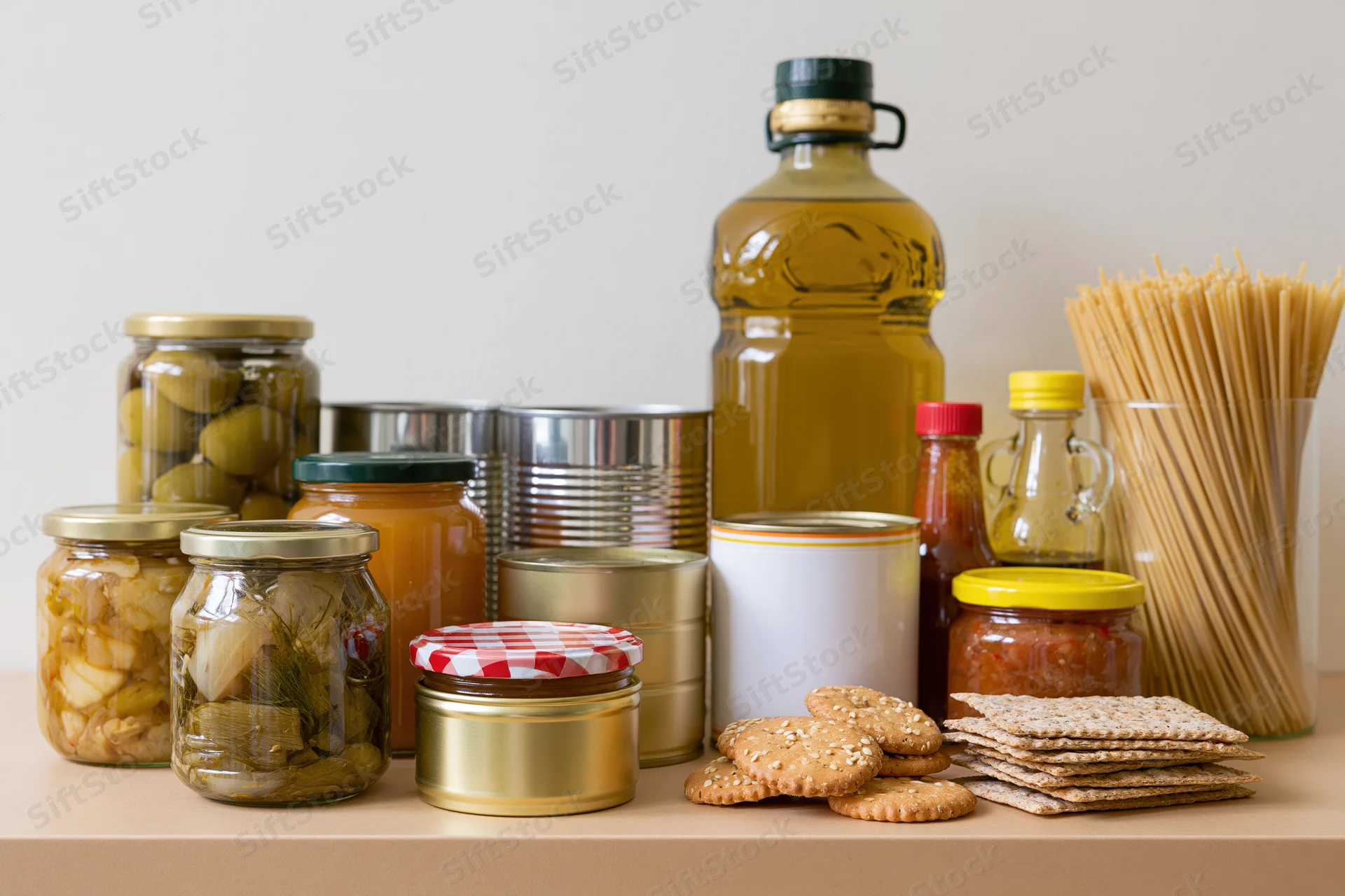 Assorted pantry staples arranged on a kitchen counter including jars of pickles, olives, sauces, canned goods, oil, pasta, crackers and cookies