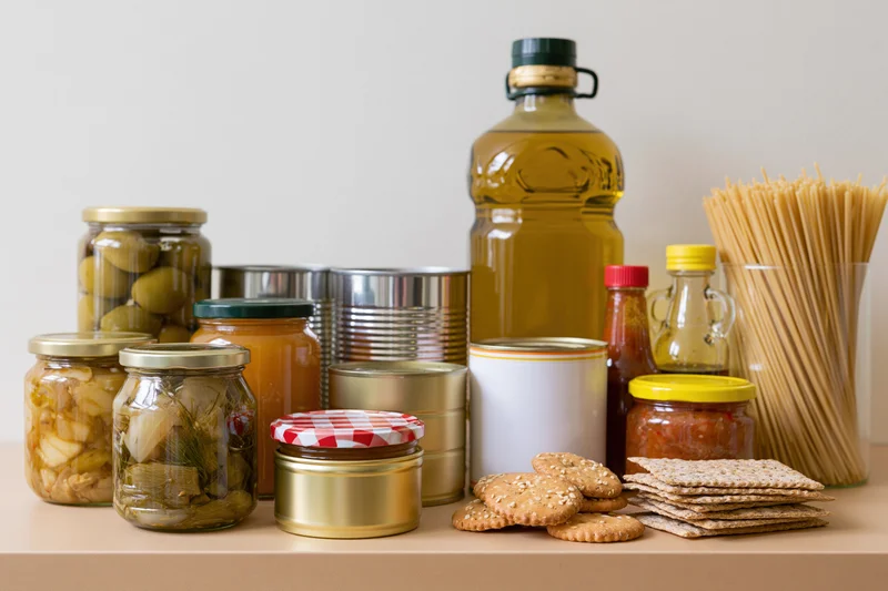 Assorted pantry staples arranged on a kitchen counter including jars of pickles, olives, sauces, canned goods, oil, pasta, crackers and cookies