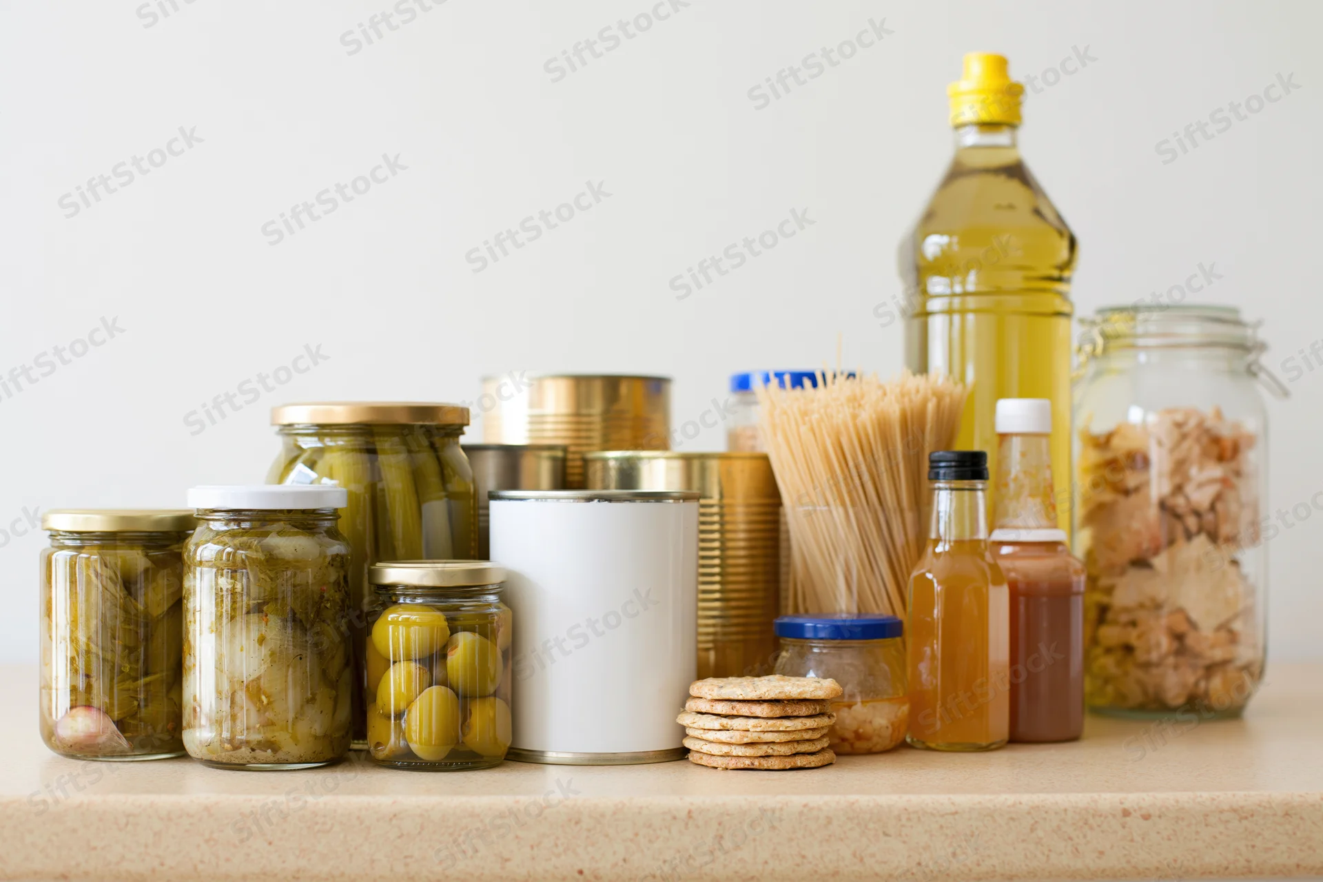 Assorted pantry staples arranged on a kitchen counter with jars, cans, and bottles of food and condiments