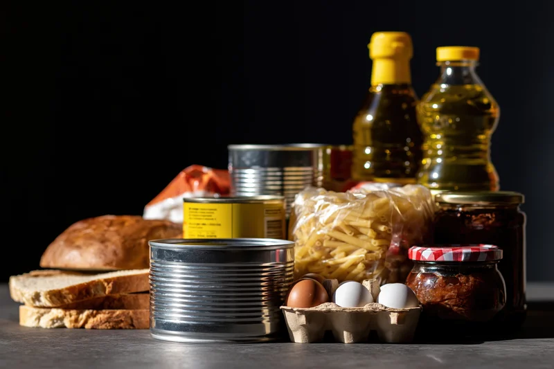 Assorted pantry staples arranged on a dark concrete surface