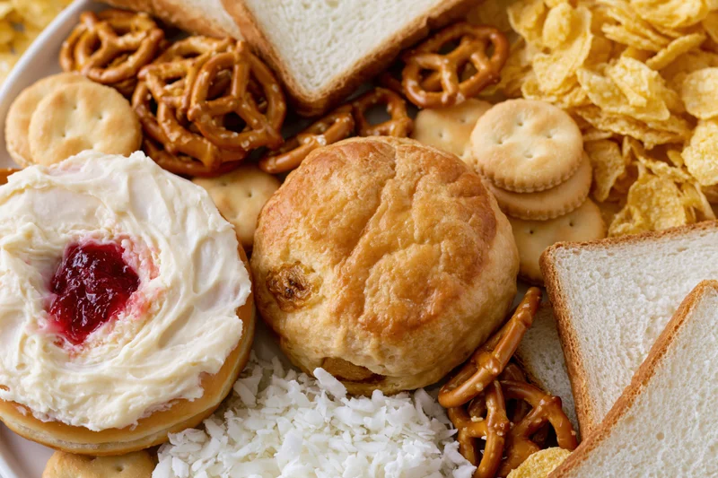 Assorted processed snack foods arranged in a flat lay on a plate
