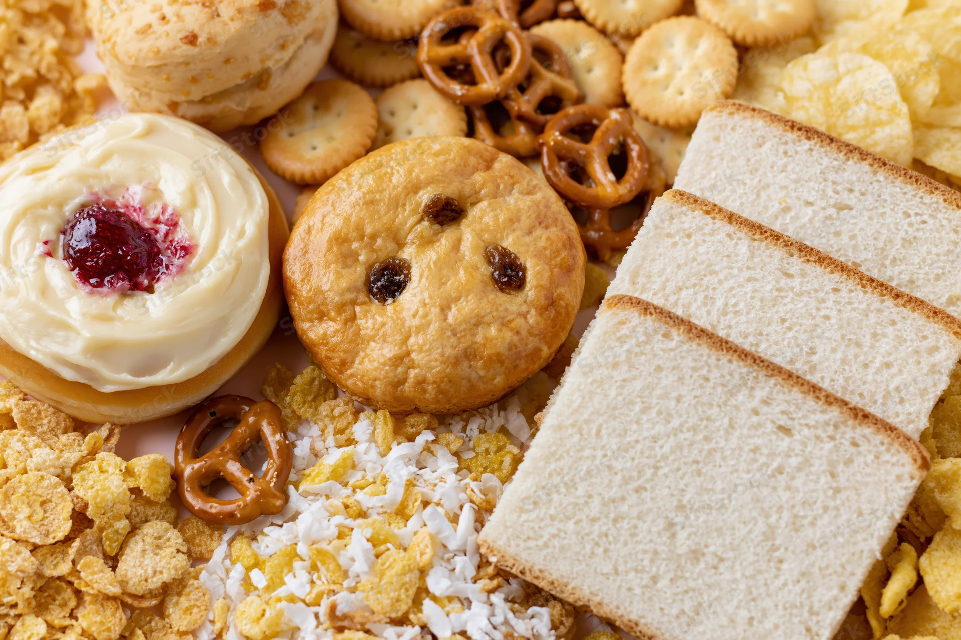 Assorted processed snack foods arranged in a flat lay overhead view