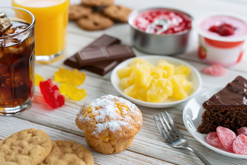 Assorted sugary foods and drinks arranged on a white painted wooden table
