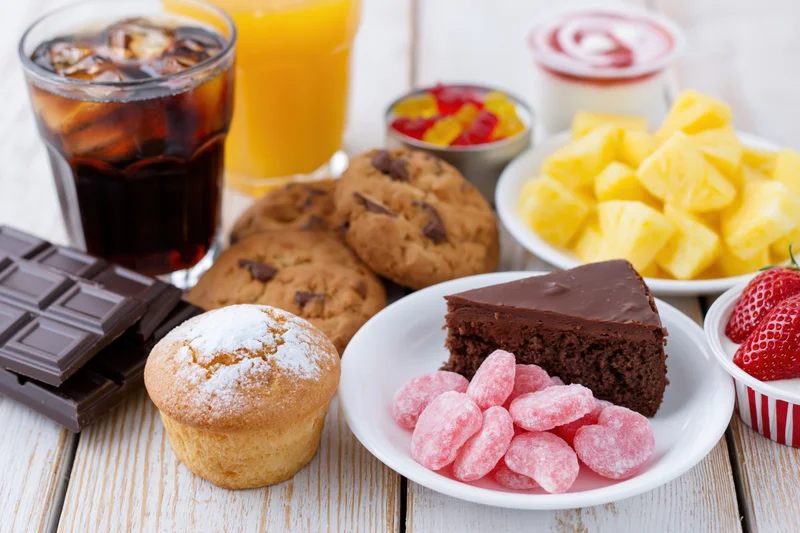 Assorted sugary foods and drinks arranged on a white painted wooden table