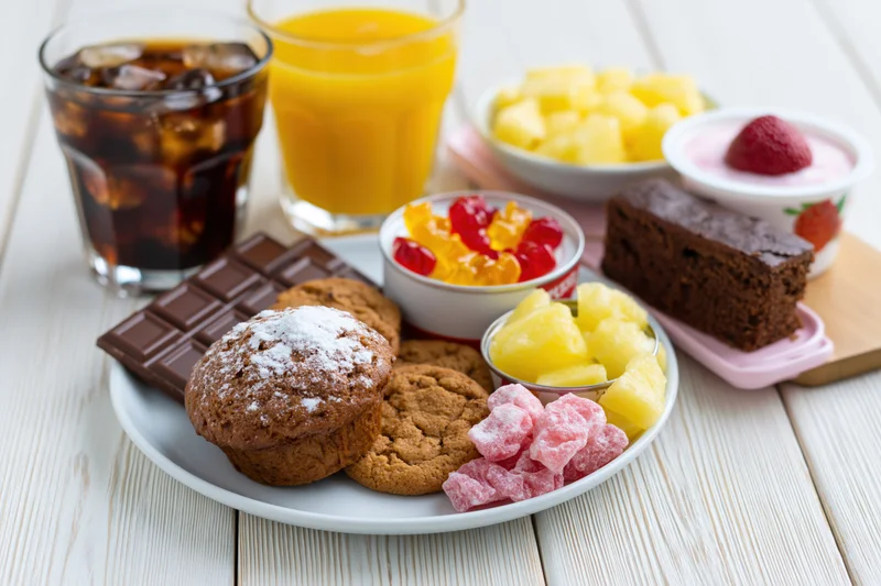 Assorted sugary foods and drinks arranged on a white painted wooden table