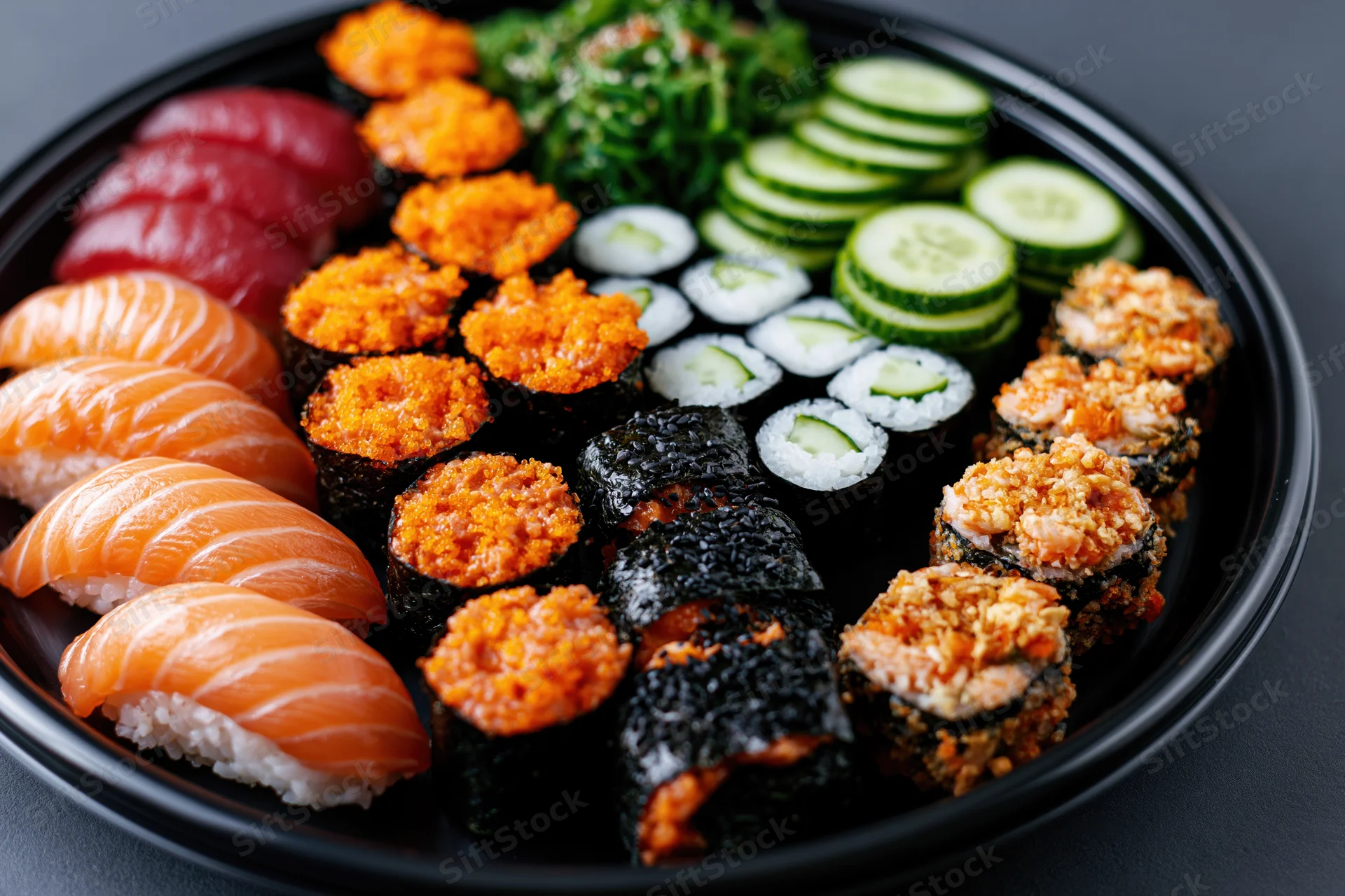 Assorted sushi platter arranged on a round black lacquer tray