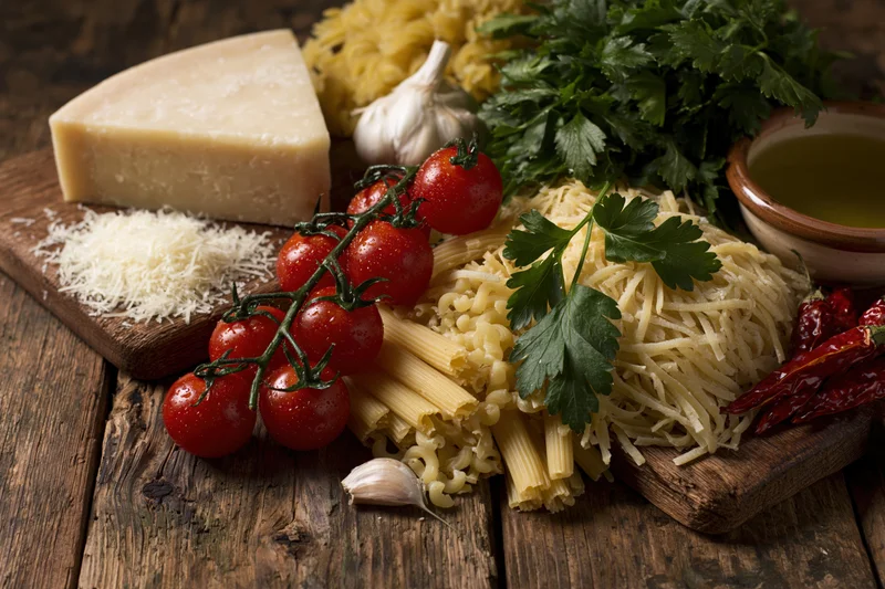 Assorted uncooked italian pasta varieties with cherry tomatoes, parmesan, garlic, parsley, and olive oil arranged on wooden cutting boards