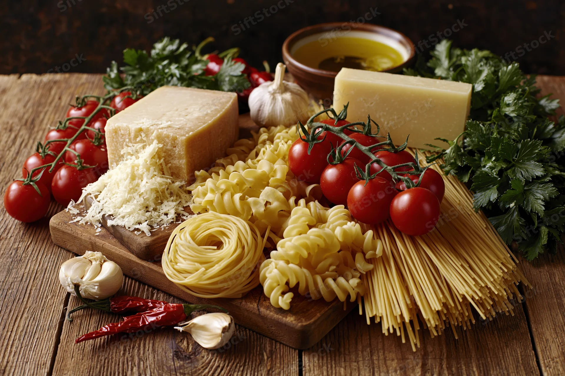 Assorted uncooked italian pasta varieties with cherry tomatoes cheese garlic and herbs arranged on a wooden board