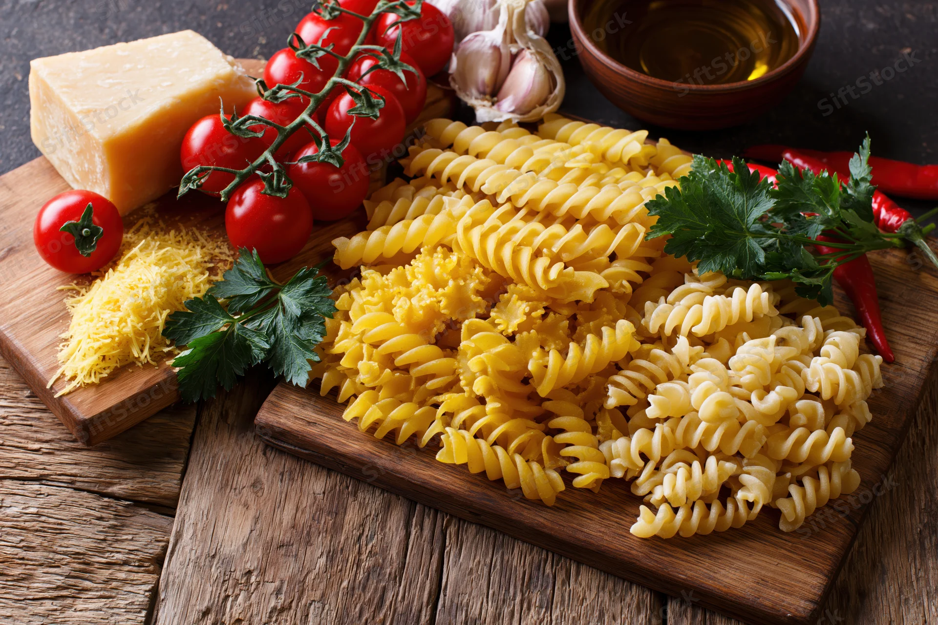 Assorted uncooked italian pasta varieties with cherry tomatoes, parmesan, garlic, parsley, chili, and olive oil arranged on wooden boards on a rustic table