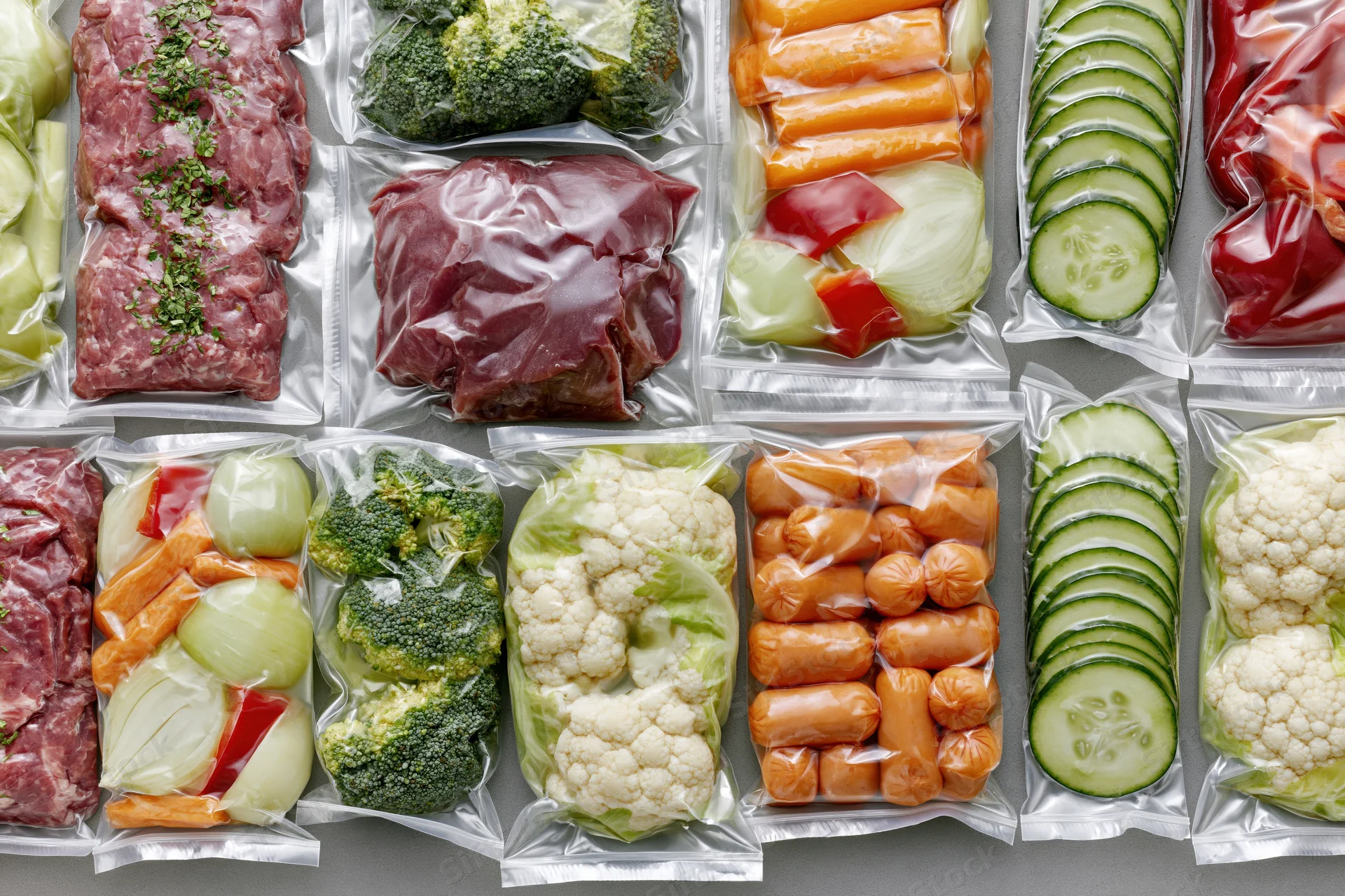 Vacuum-sealed food packages arranged in a grid on a countertop