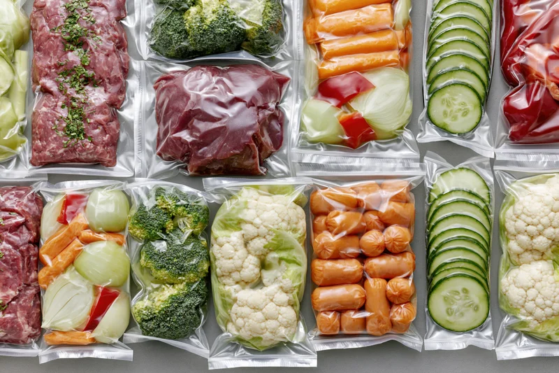 Vacuum-sealed food packages arranged in a grid on a countertop