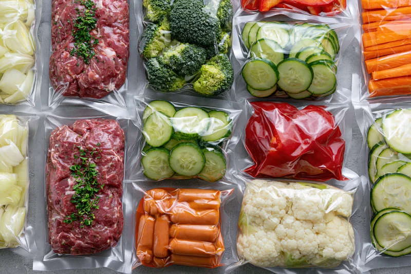 Vacuum-sealed food packages arranged in a grid on a flat surface