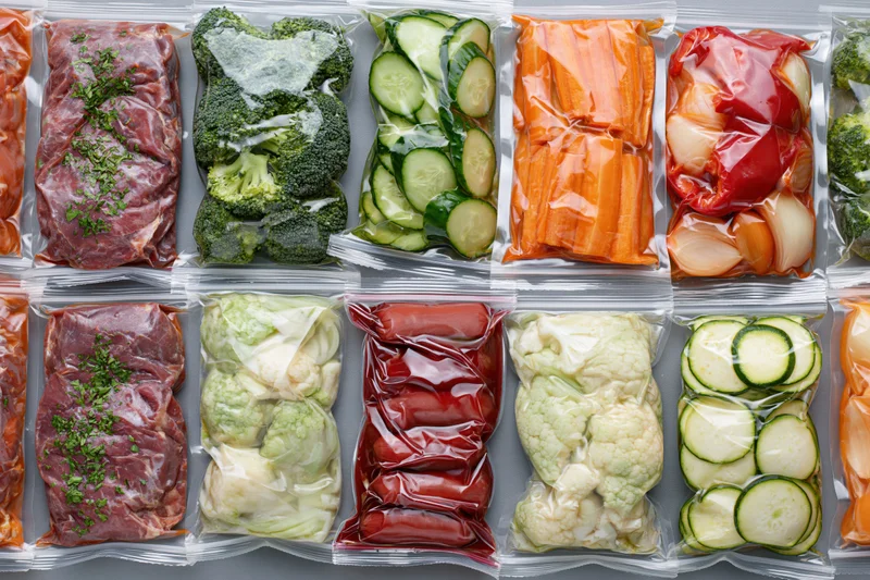 Vacuum-sealed food packages arranged in a grid on a flat surface