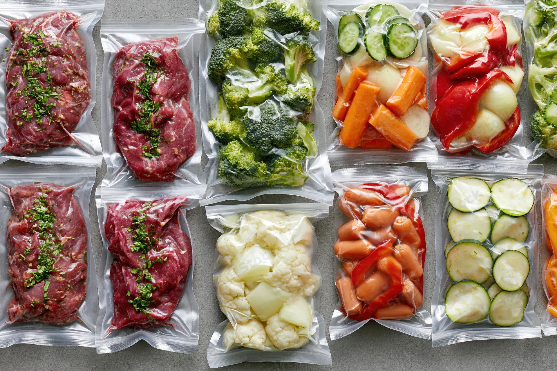Vacuum-sealed food packages arranged in a grid on a gray surface