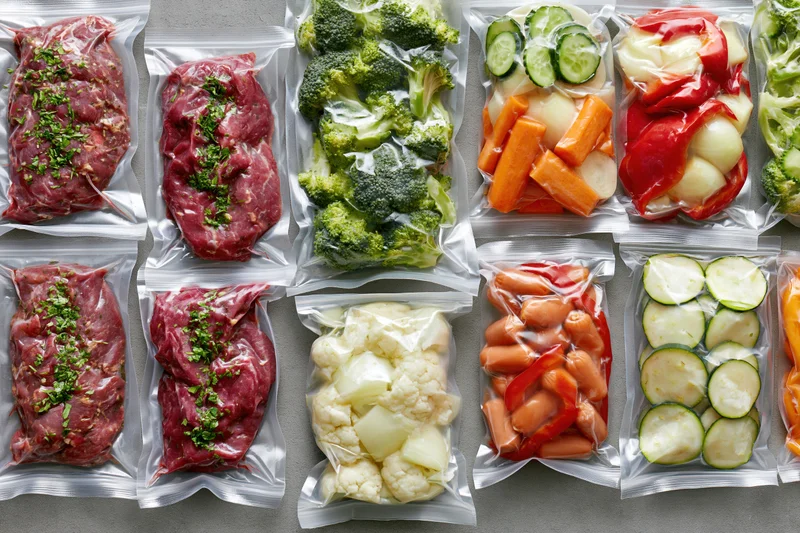 Vacuum-sealed food packages arranged in a grid on a gray surface