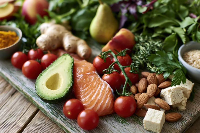 Salmon and avocado with tomatoes, almonds, tofu, ginger, and herbs arranged on a weathered wooden table