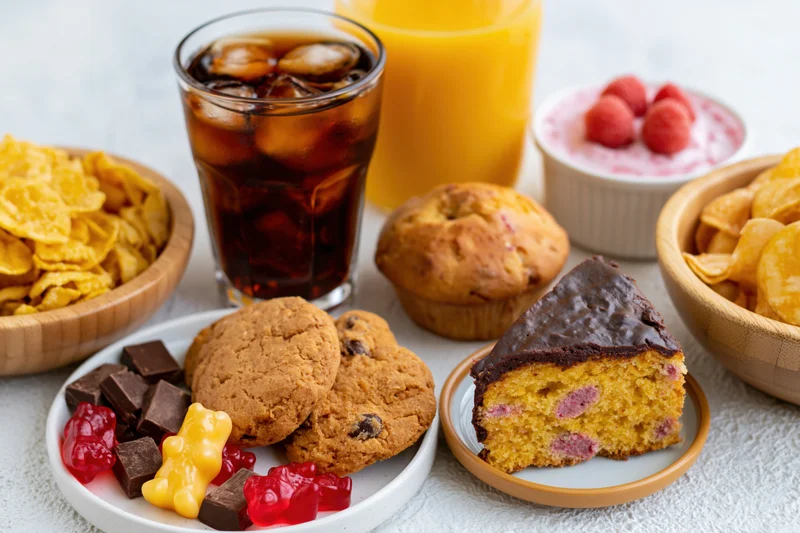 Assortment of sugary snacks and processed foods arranged on a table with drinks and desserts