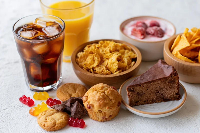 Assortment of sugary snacks and processed foods arranged on a white surface