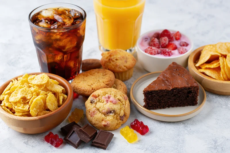 Assortment of sugary snacks and processed foods arranged on a marble surface