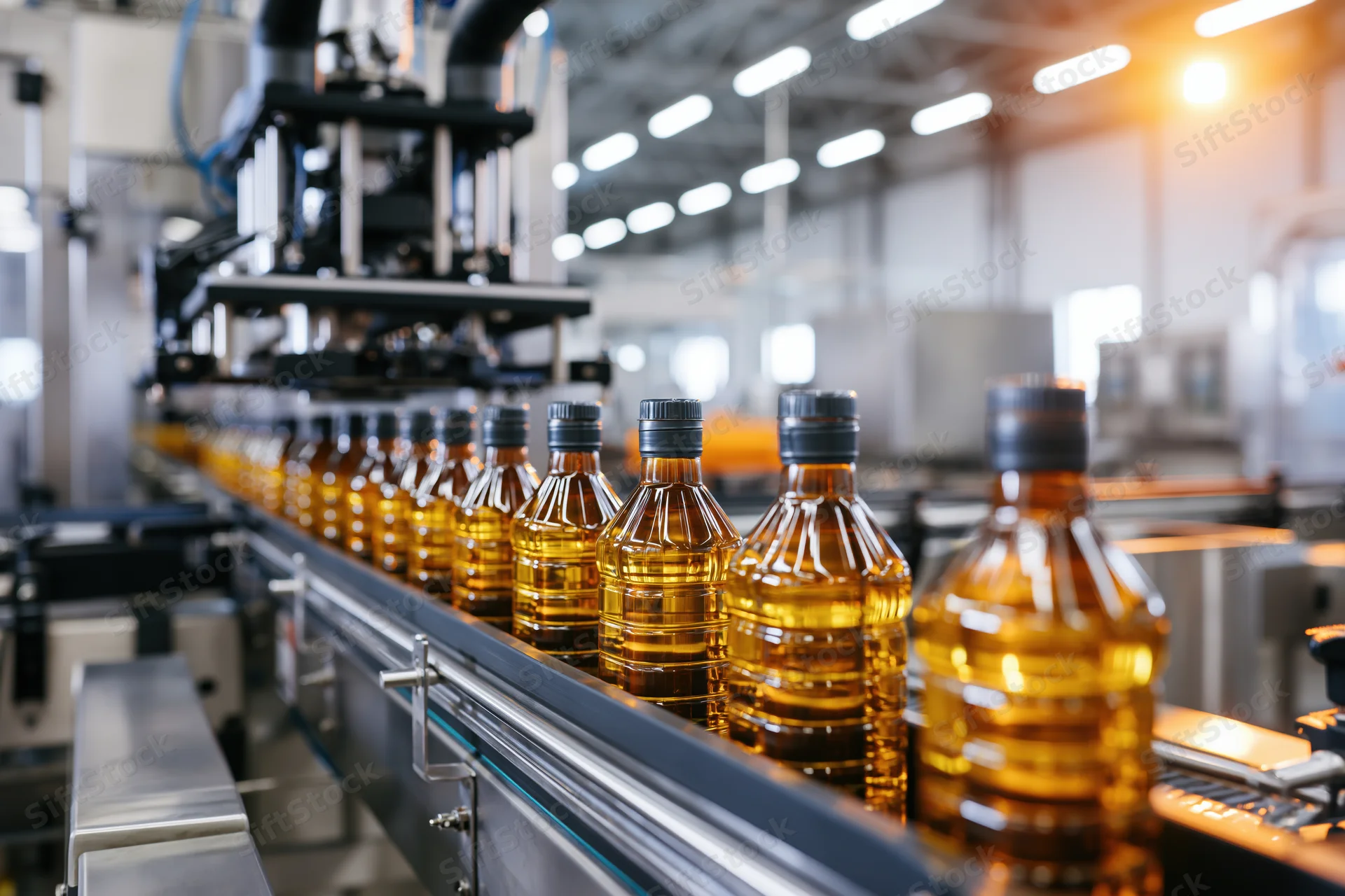 Amber plastic bottles filled with golden liquid moving along conveyor in factory production line