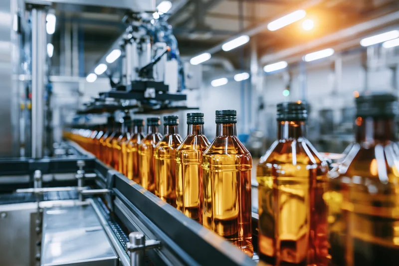 Amber plastic bottles filled with golden liquid moving along automated conveyor in factory production line