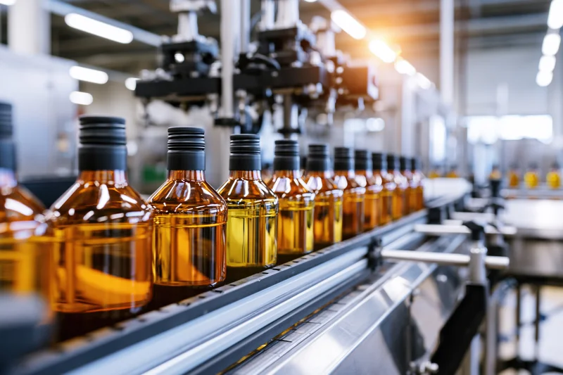 Amber plastic bottles moving along a conveyor belt in an automated bottling factory