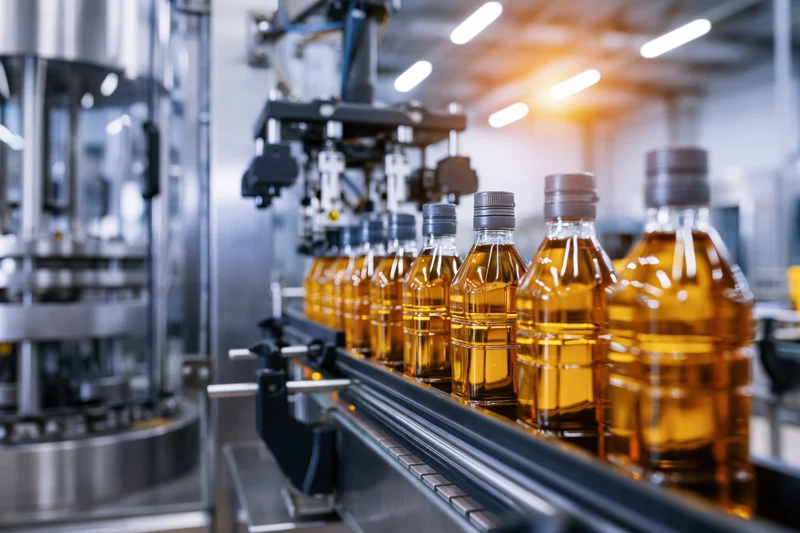 Amber plastic bottles filled with liquid moving along conveyor in automated bottling factory