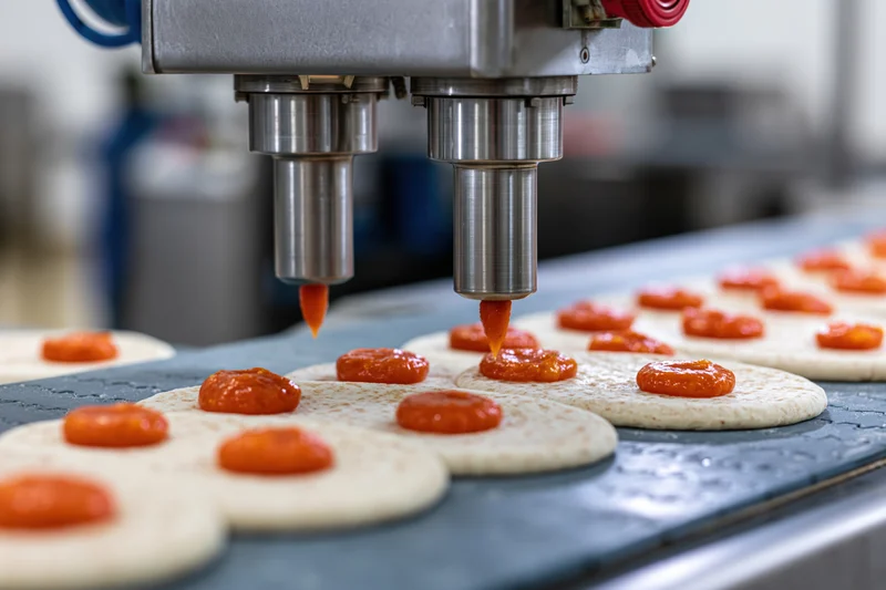 Automated machine dispensing tomato sauce onto pizza dough on a conveyor belt in a food factory
